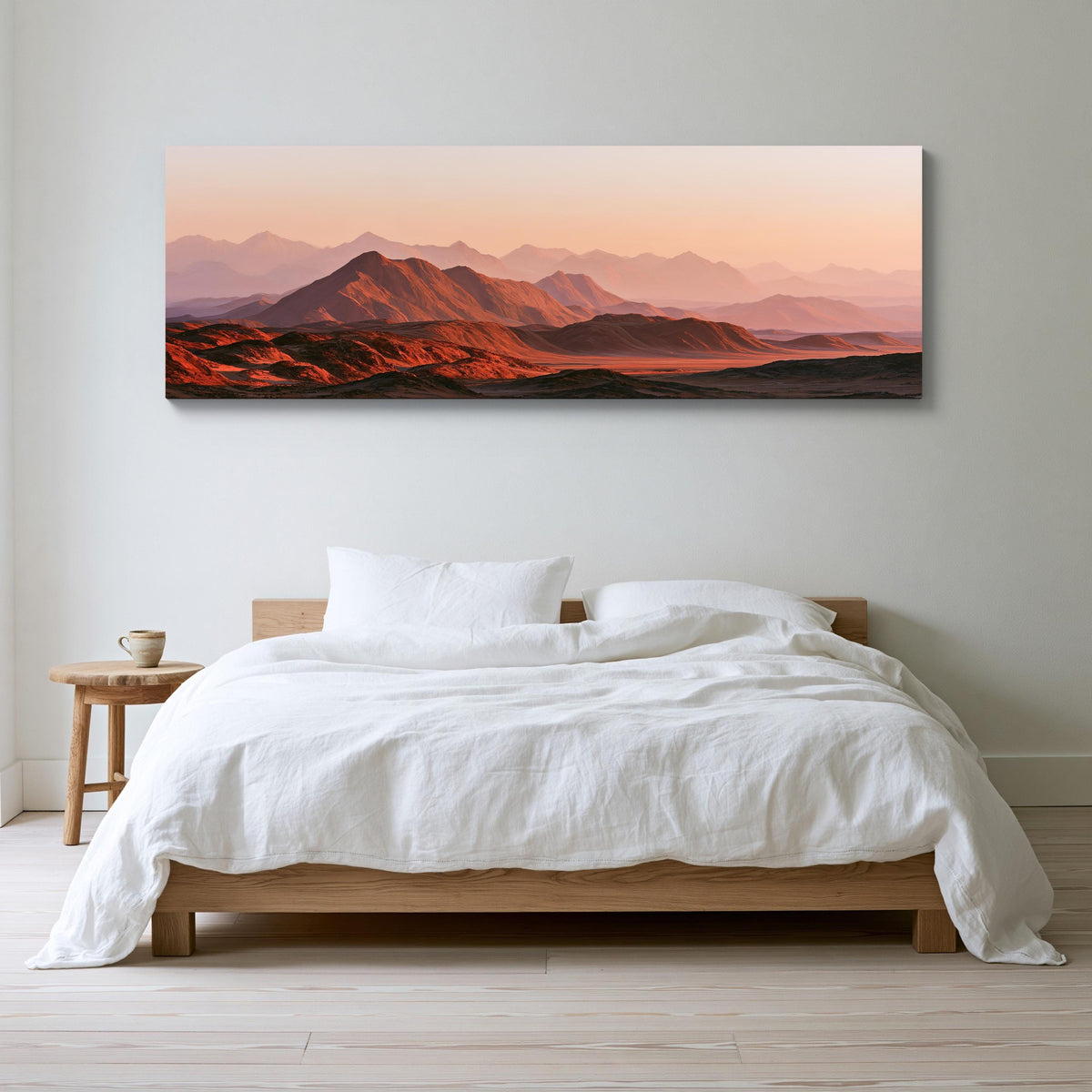 Red desert mountains at sunset canvas wall art, serene bedroom scene with a large bed, a nightstand, and a painting of a