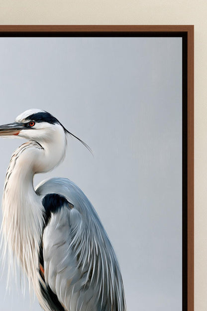 Grey heron in still water canvas wall art, close-up of a white heron with its distinctive long neck and gray feathers