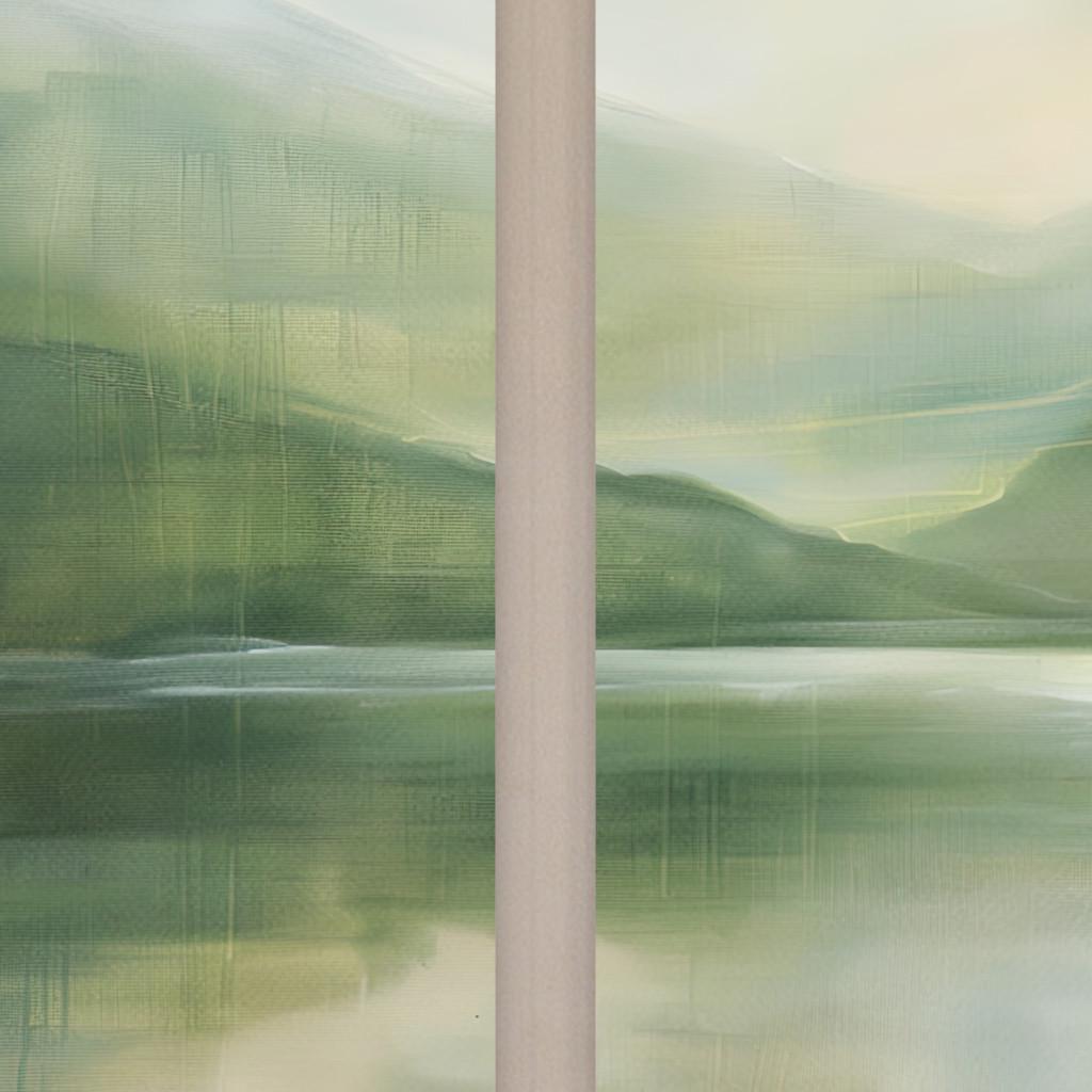 Misty sage lake triptych canvas wall art, image is a painting depicting a serene landscape with a body of water and