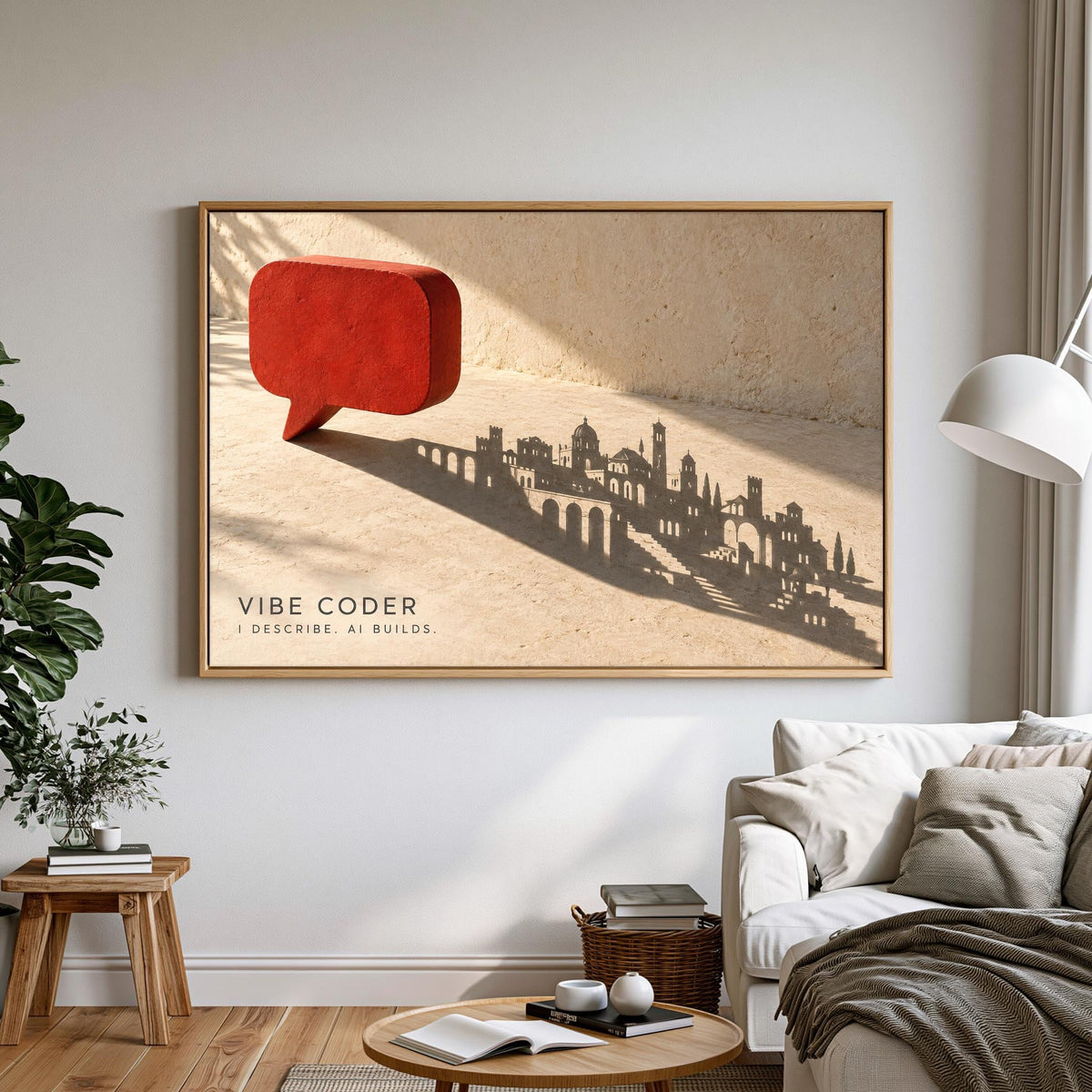 a large framed artwork depicting a city skyline silhouette with a red speech bubble in the foreground.