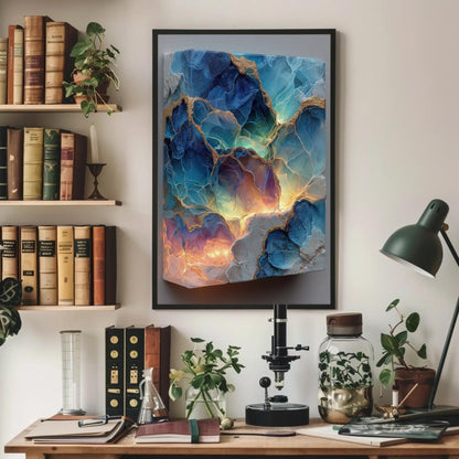 Bioluminescent Ocean canvas wall art shown above a desk