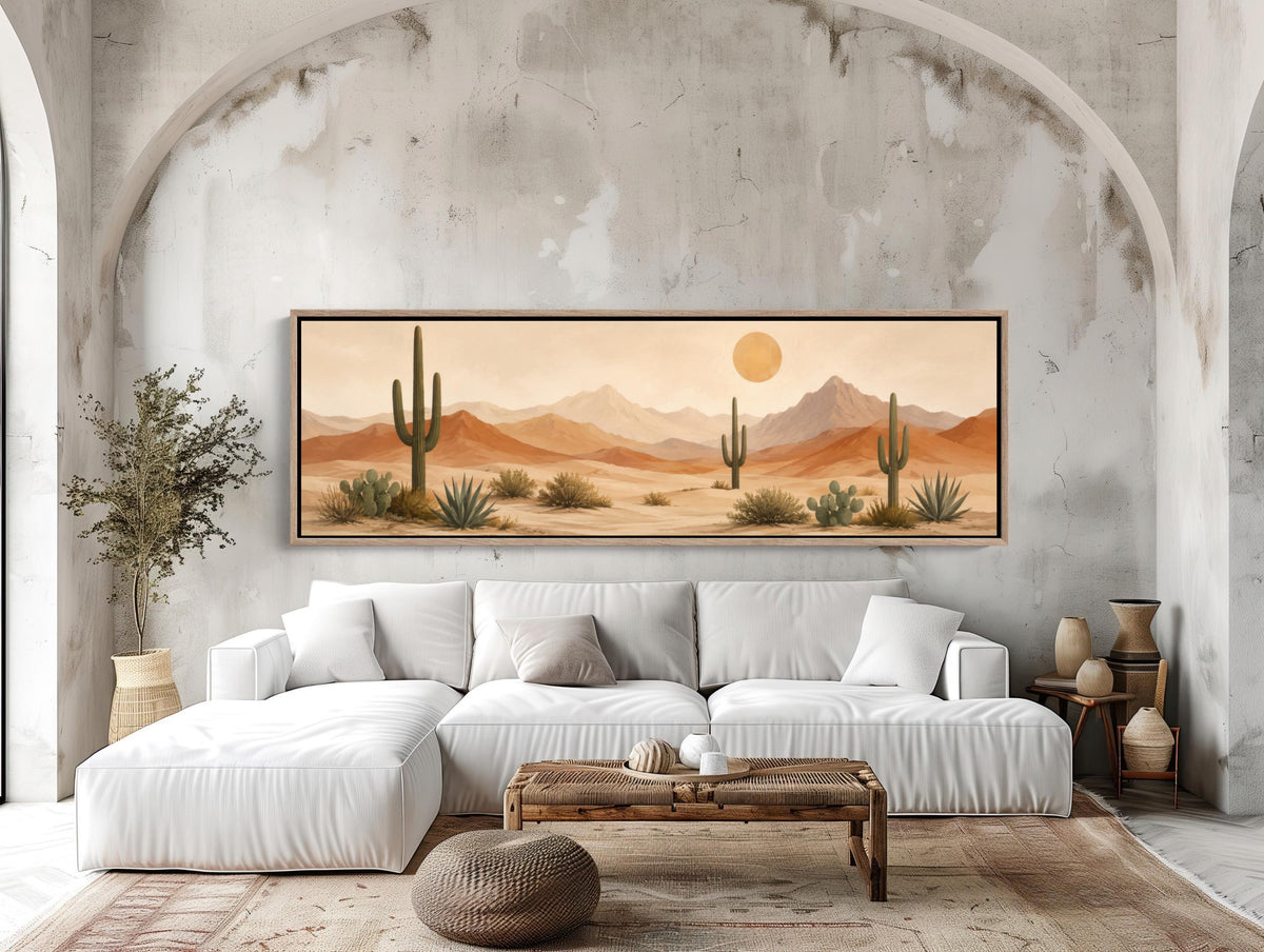 Desert panorama canvas wall art, saguaro cacti and agave before terracotta mountains and a soft sun
