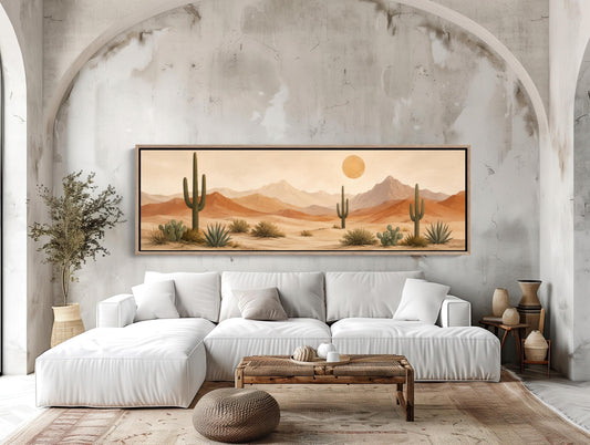 Desert panorama canvas wall art, saguaro cacti and agave before terracotta mountains and a soft sun