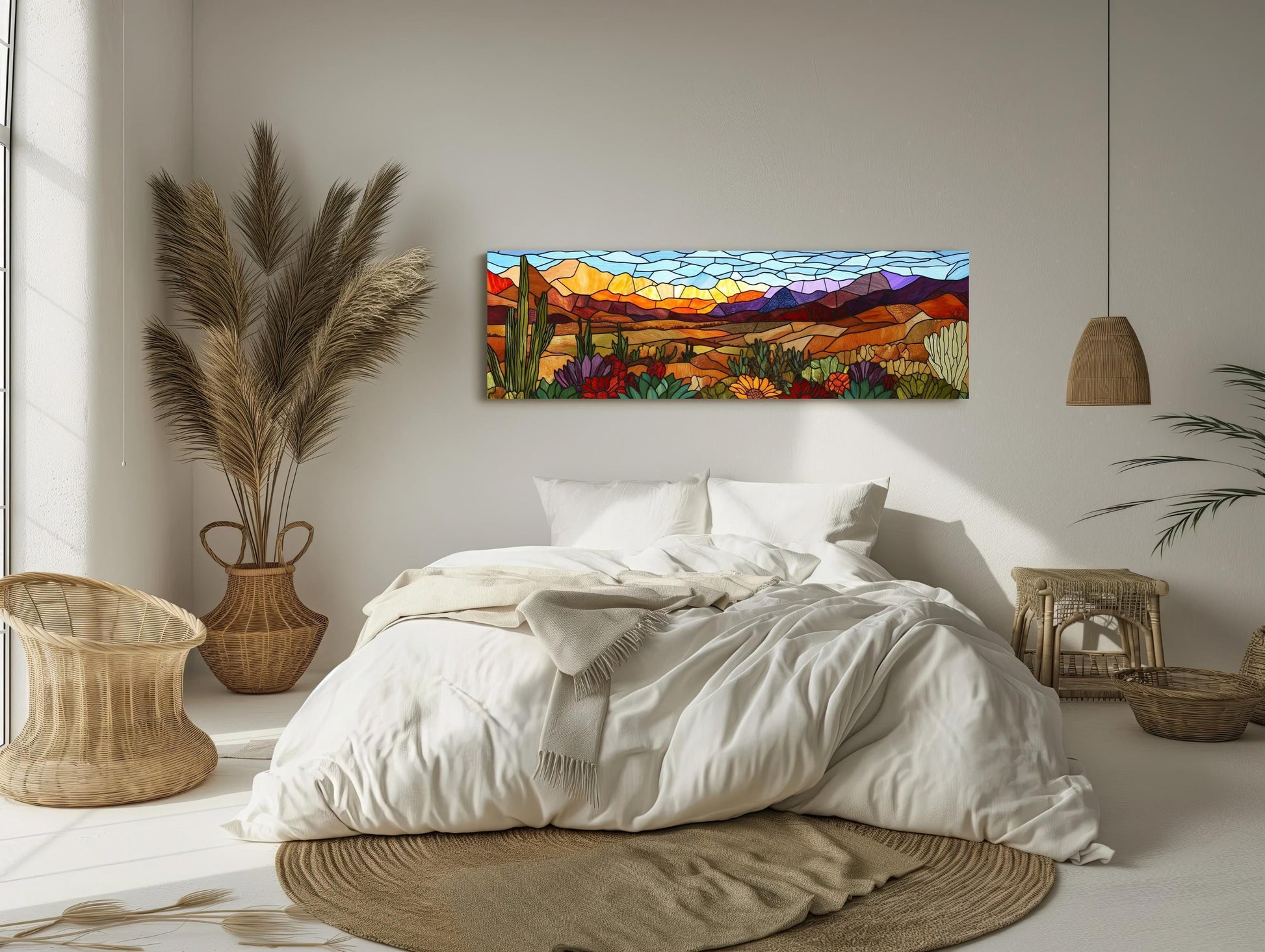 Agave Desert , Stained Glass Southwest canvas wall art shown in a bedroom