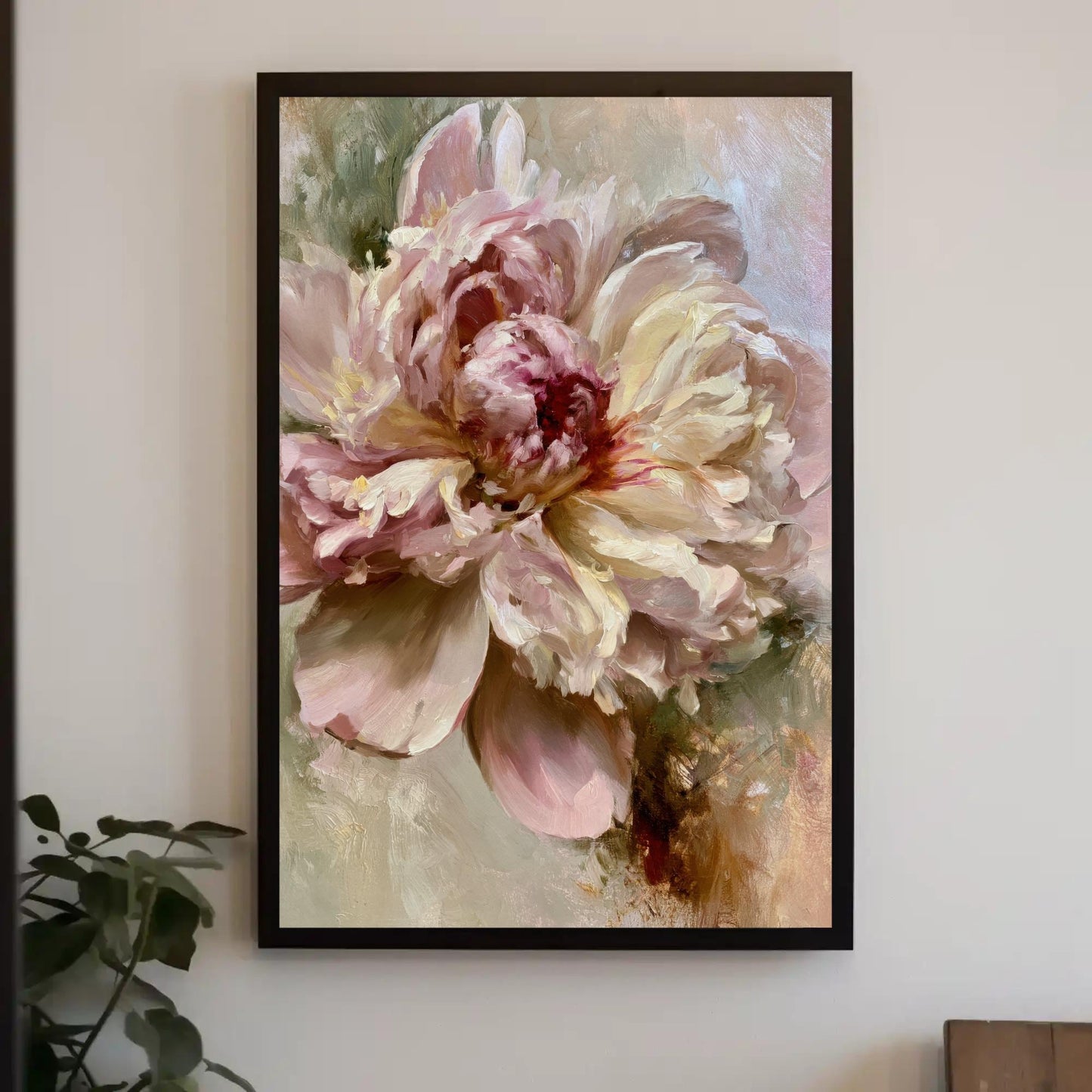 Blush Peony Canvas Print, Vintage Floral Wall Art, Textured Oil Painting