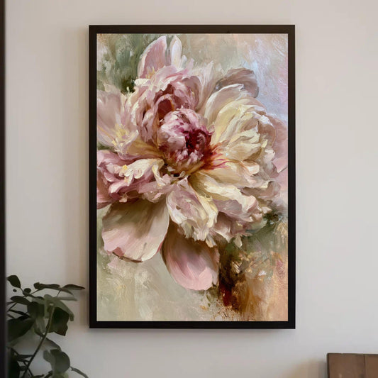a large, vibrant painting of a pink and white flower hanging on a wall.