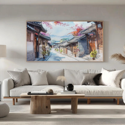 Korean Watercolor , Traditional Hanok canvas wall art in pink tones