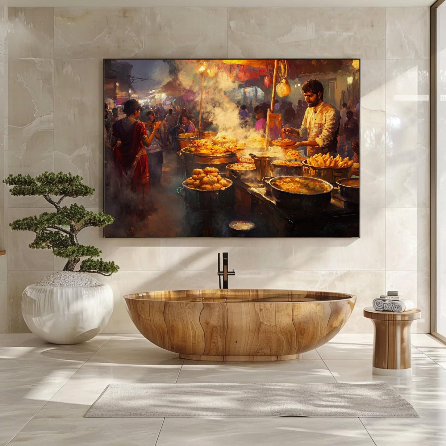 Indian Street Food , Vibrant Desi Culinary canvas wall art shown in a styled room