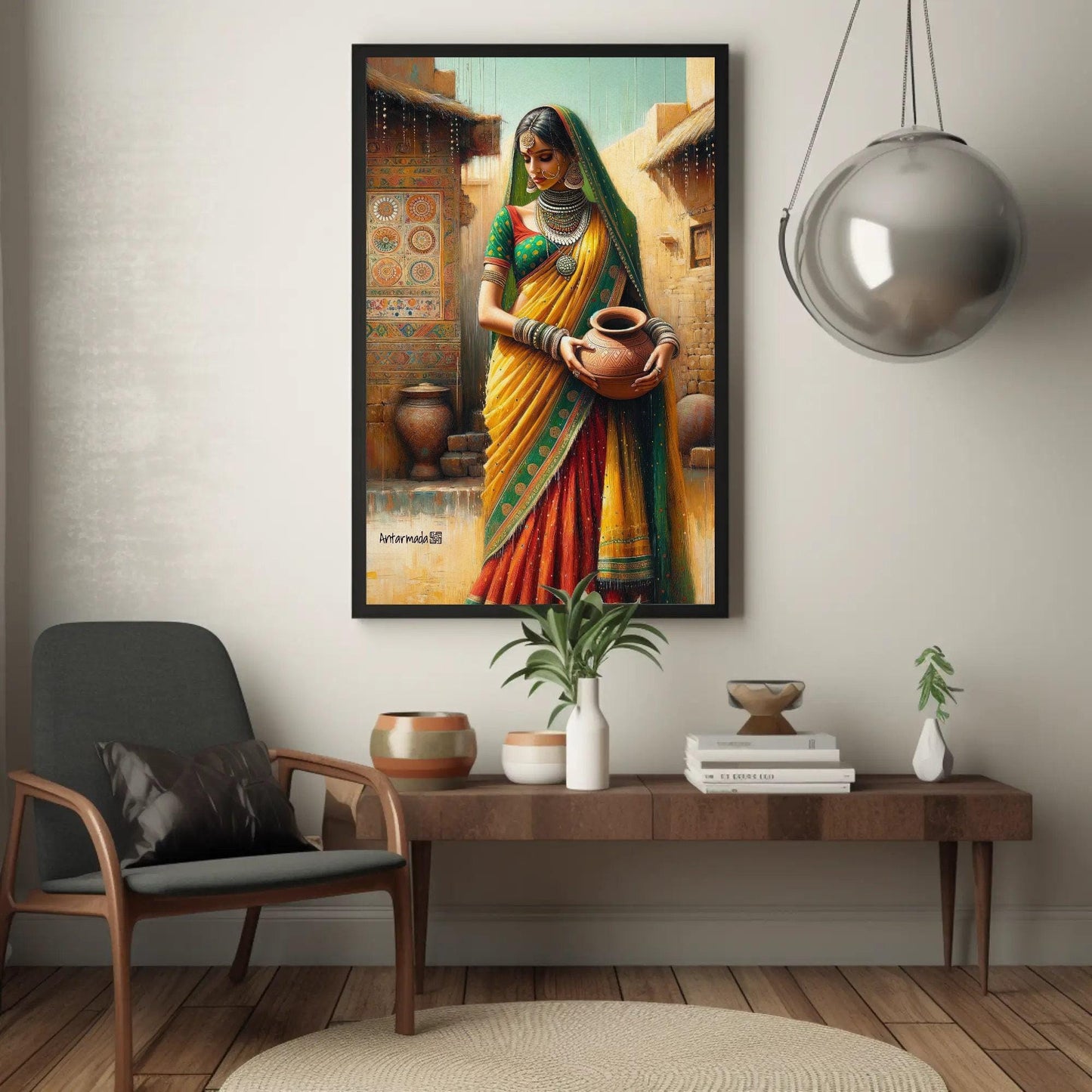 Indian Woman Portrait canvas wall art shown in a living room