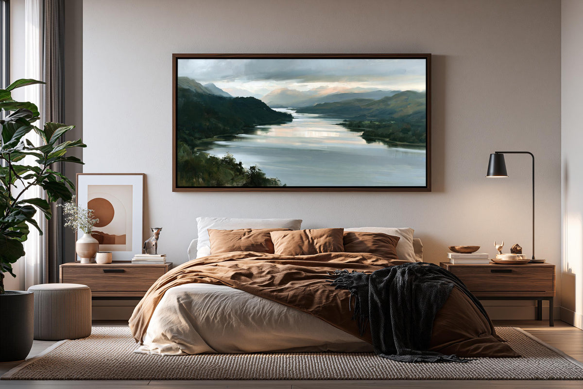 a serene bedroom scene with a large framed landscape painting hanging above a bed, which is adorned with a brown blanket and pillows. The room is decorated with various items, including a potted plant, a vase, and a lamp, creating a cozy and inviting atmosphere.