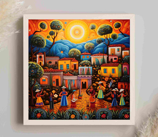 Mexican Folk Art Canvas Print, Colorful Village Wall Art Decor