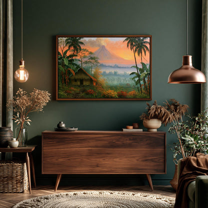 a serene and cozy living room with a large painting of a tropical landscape hanging on the wall. The room is adorned with various decorative elements, including a wooden dresser, potted plants, and a rug, creating a warm and inviting atmosphere.