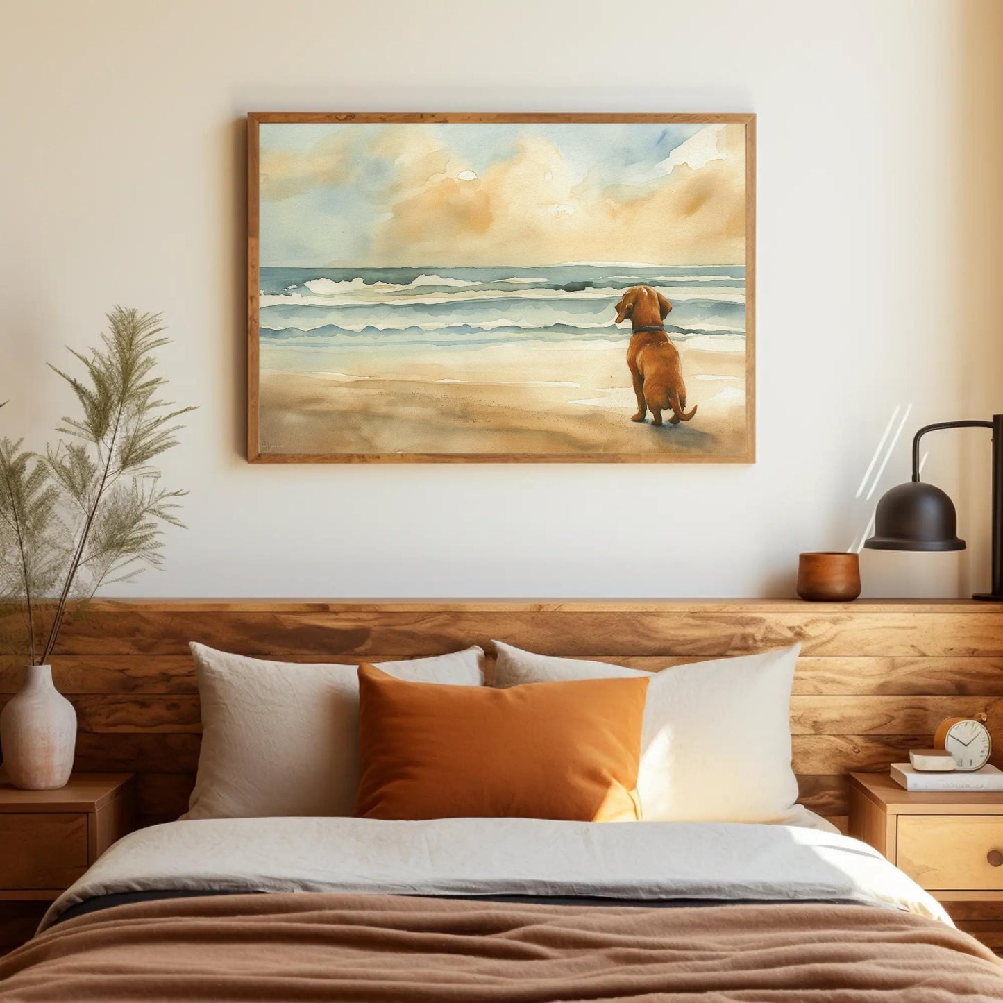 Dachshund Dog Coastal canvas wall art shown above a bed