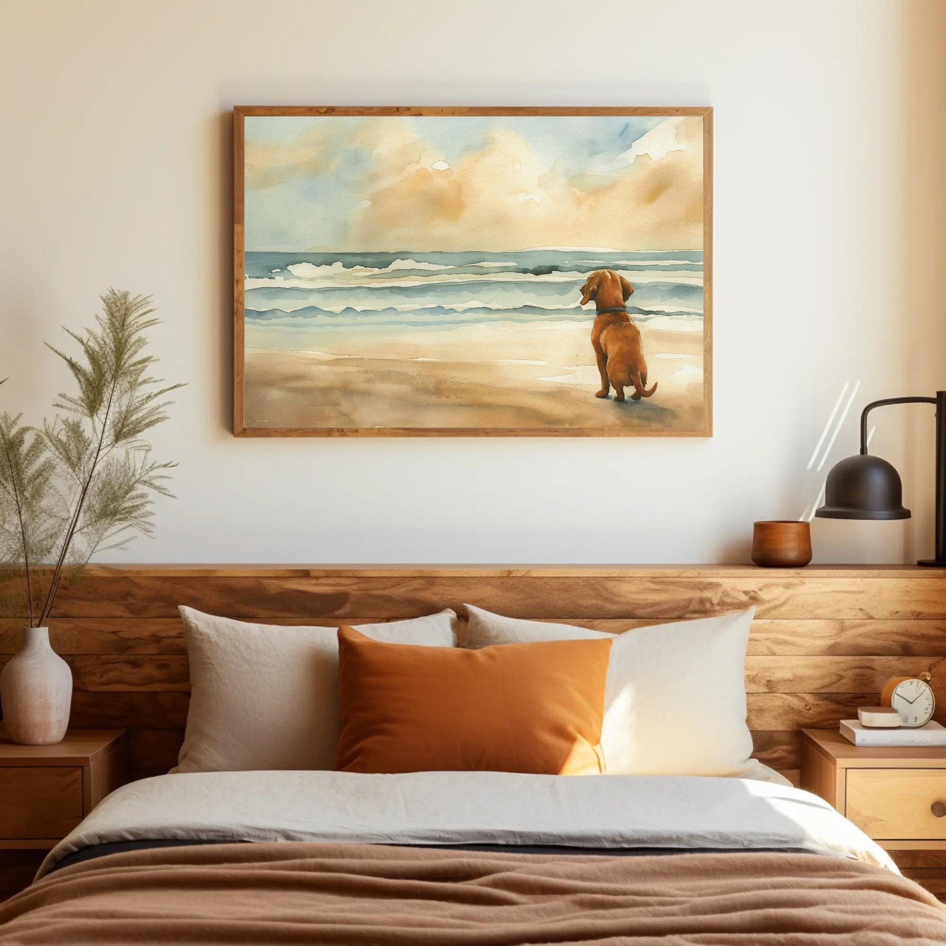 Dachshund Dog Coastal canvas wall art shown above a bed
