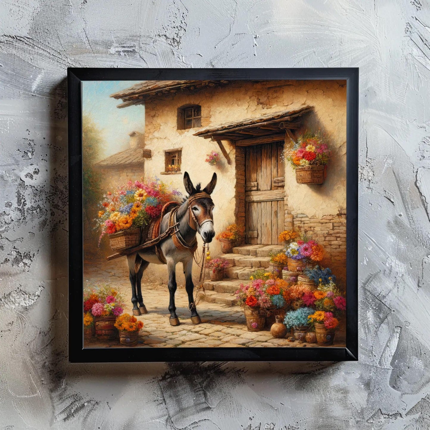 Mexican Burro Art canvas wall art shown in a styled room
