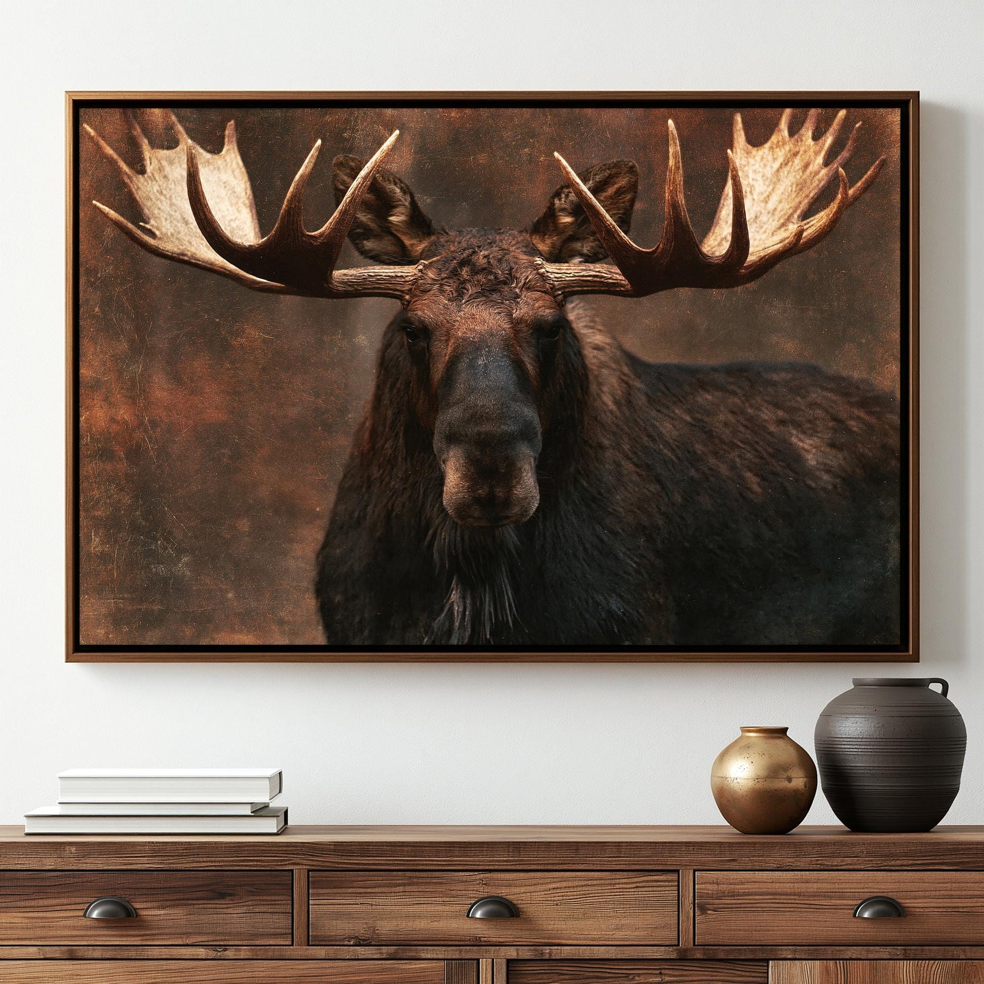 a large framed picture of a moose with large antlers, hanging on a wall above a wooden dresser.