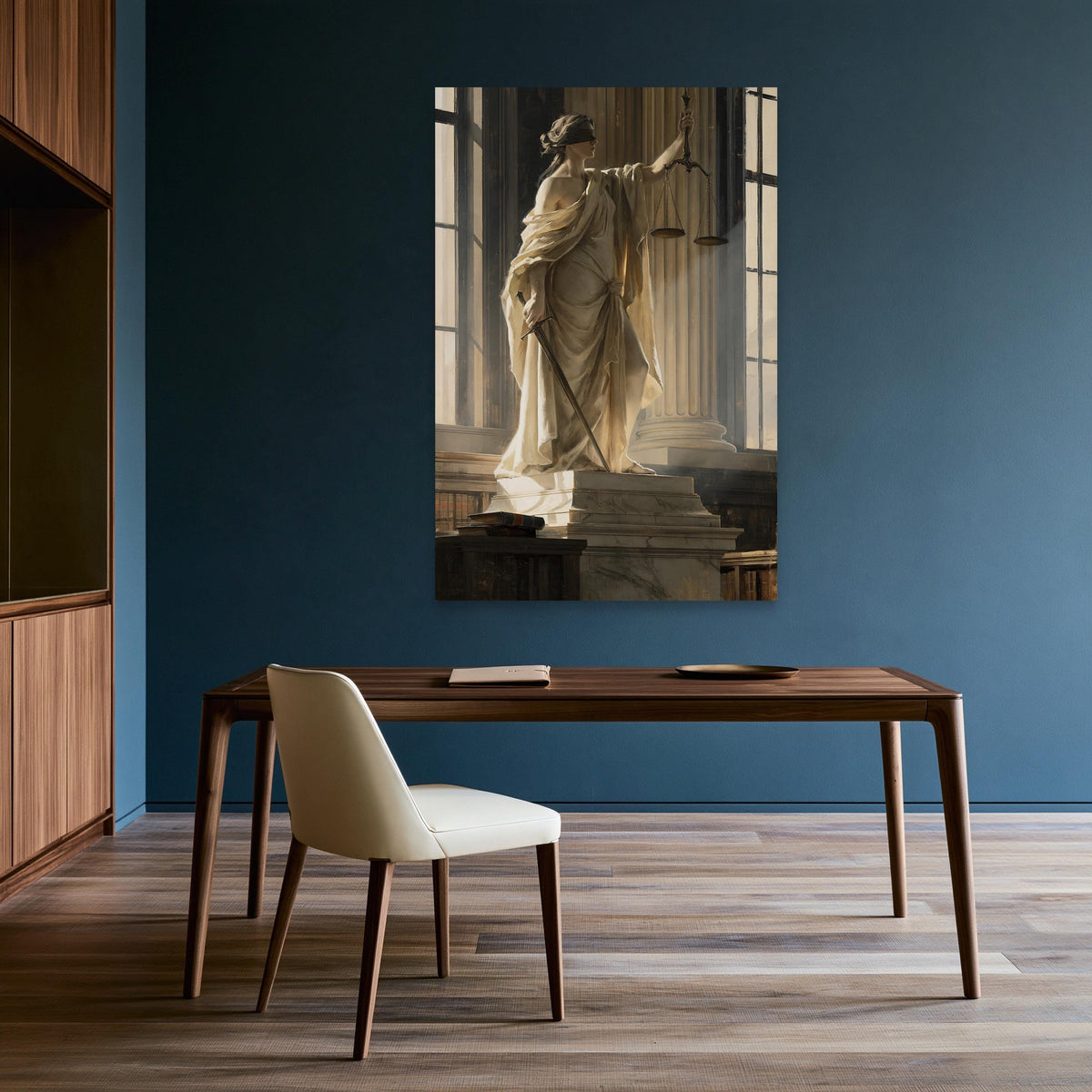 Lady Justice marble statue canvas wall art, large painting of a statue of a woman holding a sword and scales, mounted on a