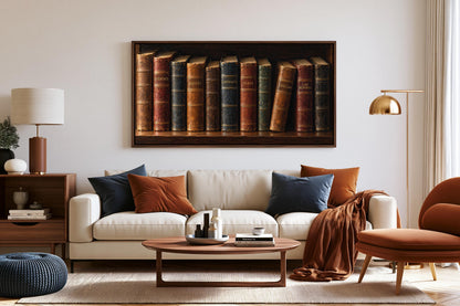 a cozy living room with a white sofa, a wooden coffee table, and a bookshelf filled with books. The bookshelf has a large framed picture of books on the wall above it.