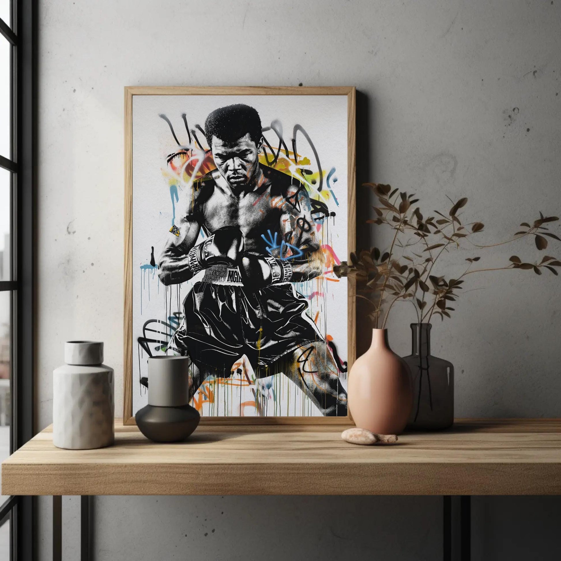 Muhammad Ali Graffiti canvas wall art shown in a styled room (view 3)