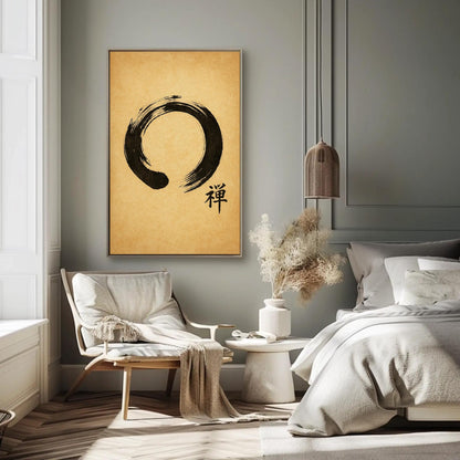 a bedroom with a bed, chair and a painting on the wall