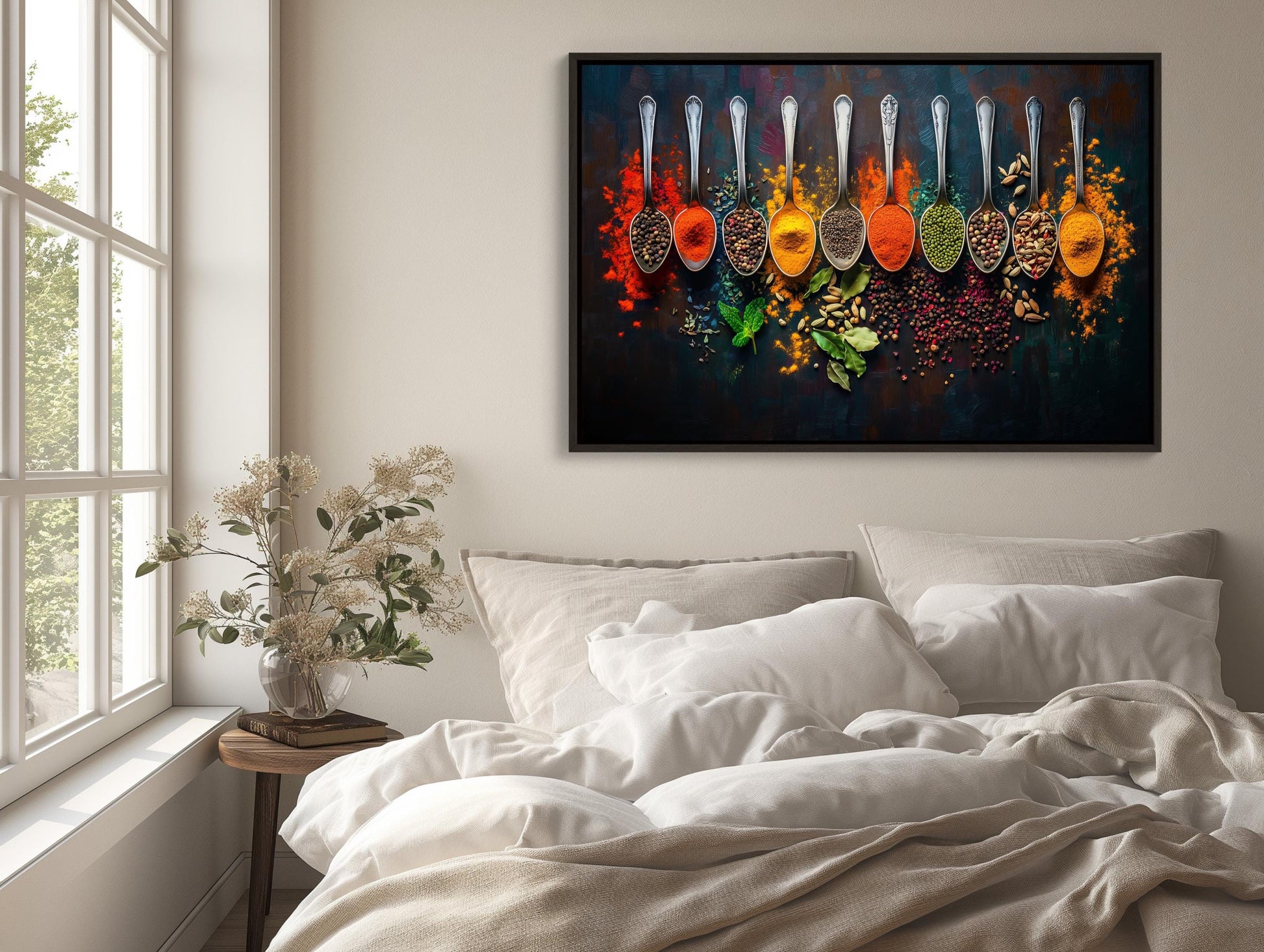 Spices and Spoon canvas wall art shown above a bed