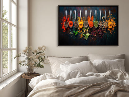Spices and Spoon canvas wall art shown above a bed