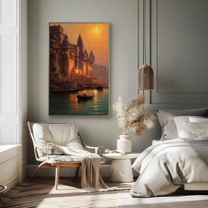 Varanasi Ghat canvas wall art in gold tones (view 2)