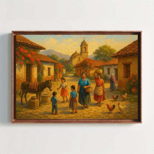 Mexican Village Art Print – Children Playing in Rustic Pueblo Scene Canvas