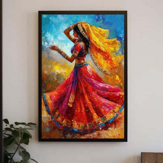 Rajasthani dancer canvas wall art, Indian woman twirling in a red lehenga and yellow dupatta