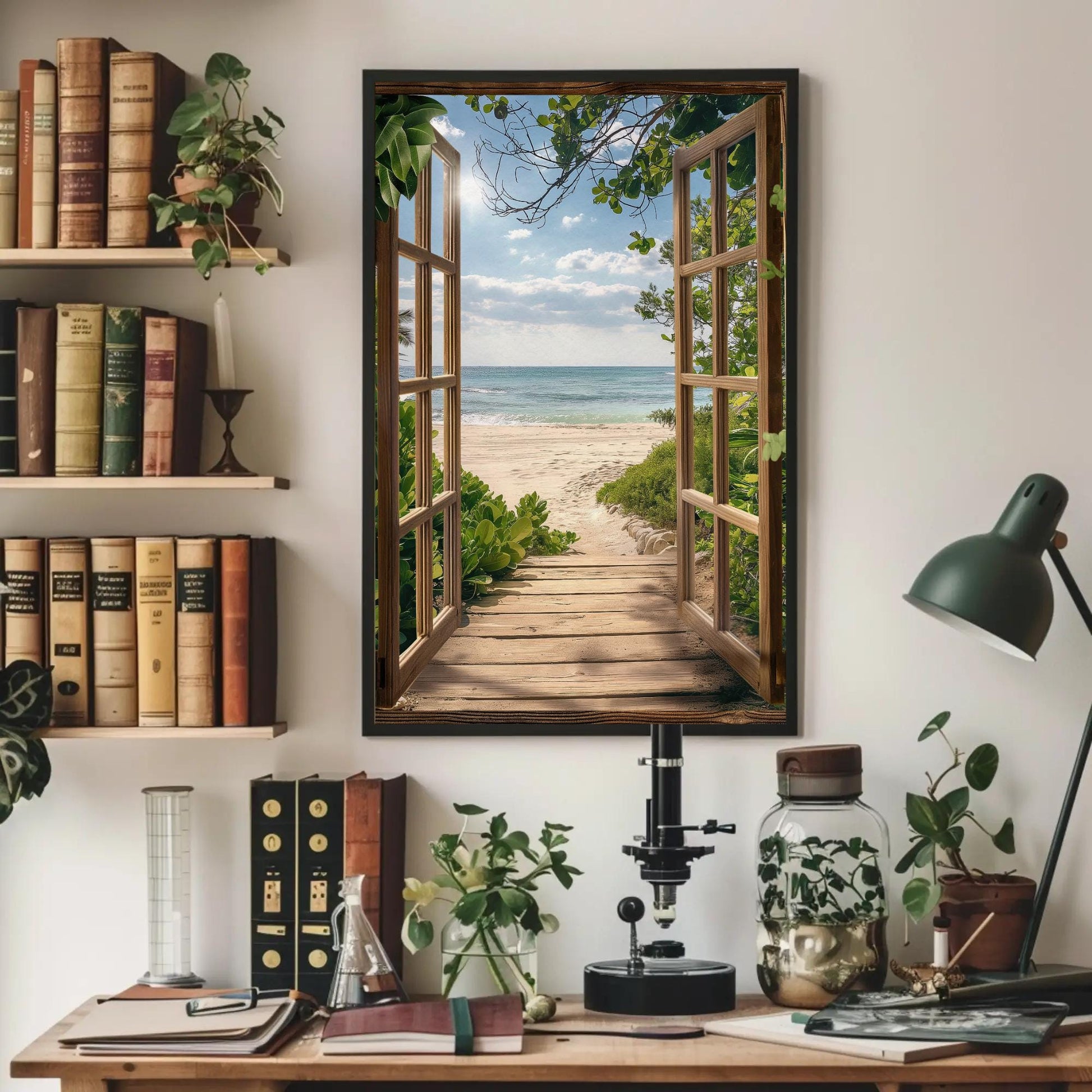 3D Faux Window Beach , Coastal Pathway canvas wall art shown in a styled room