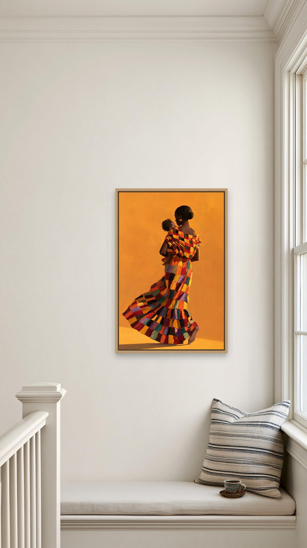 African mother and baby canvas wall art, framed painting of a woman in a colorful dress, hanging on a white wall above a