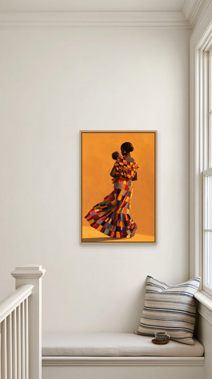 African mother and baby canvas wall art, framed painting of a woman in a colorful dress, hanging on a white wall above a