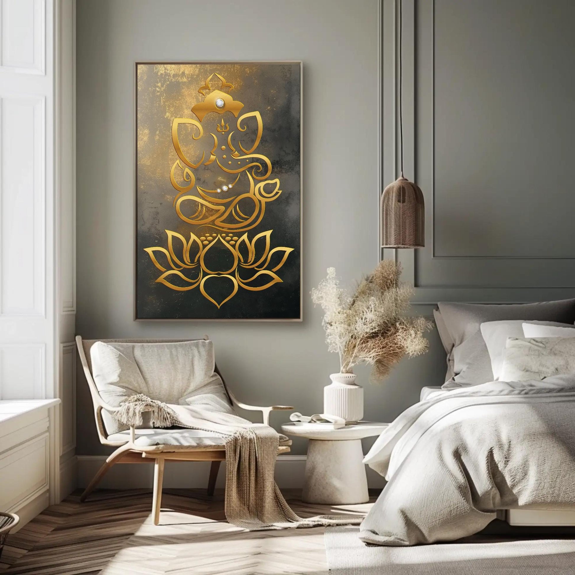 Ganesha canvas wall art shown in a styled interior