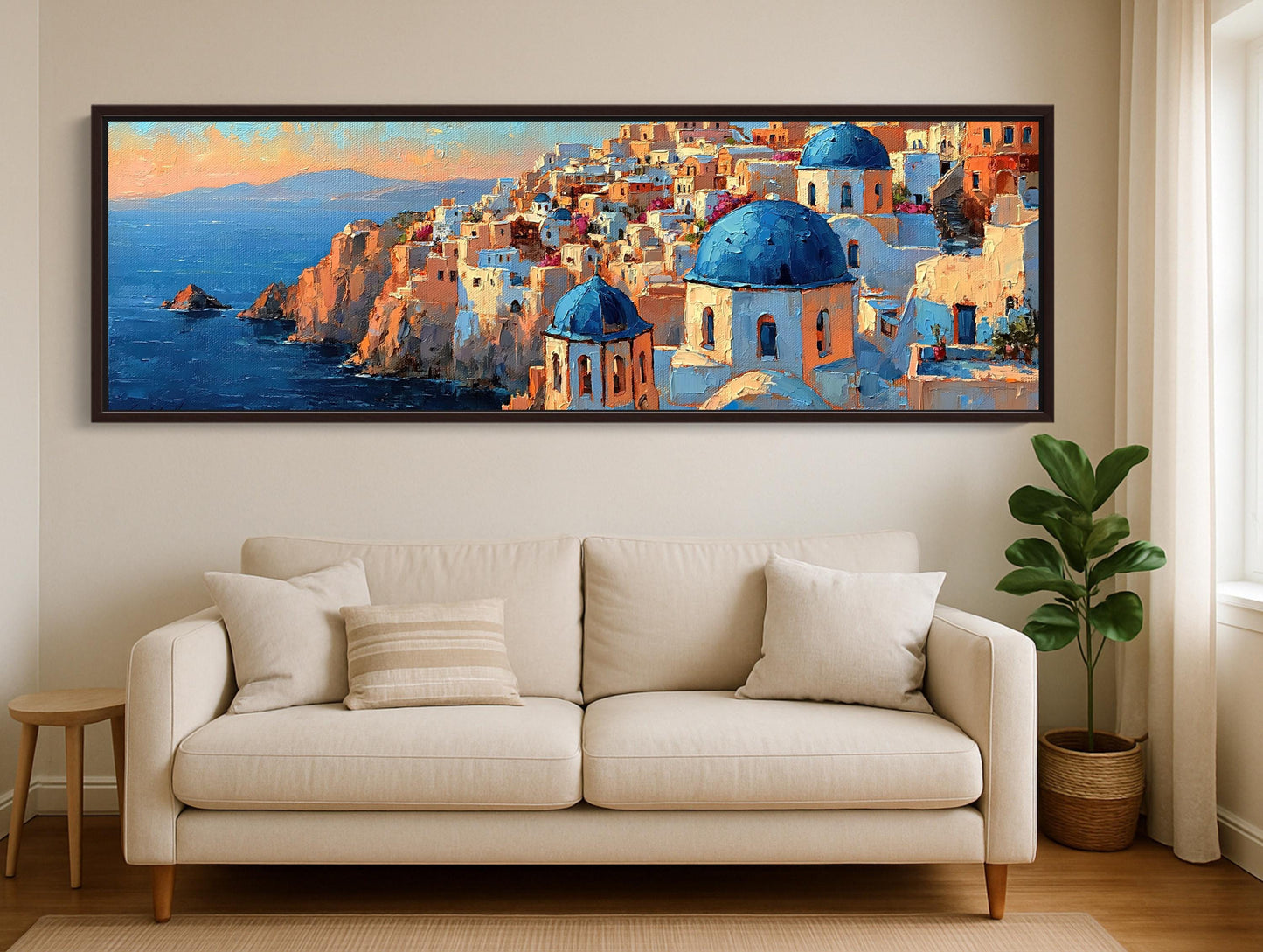 Santorini Cliffside Painting canvas wall art shown in a living room