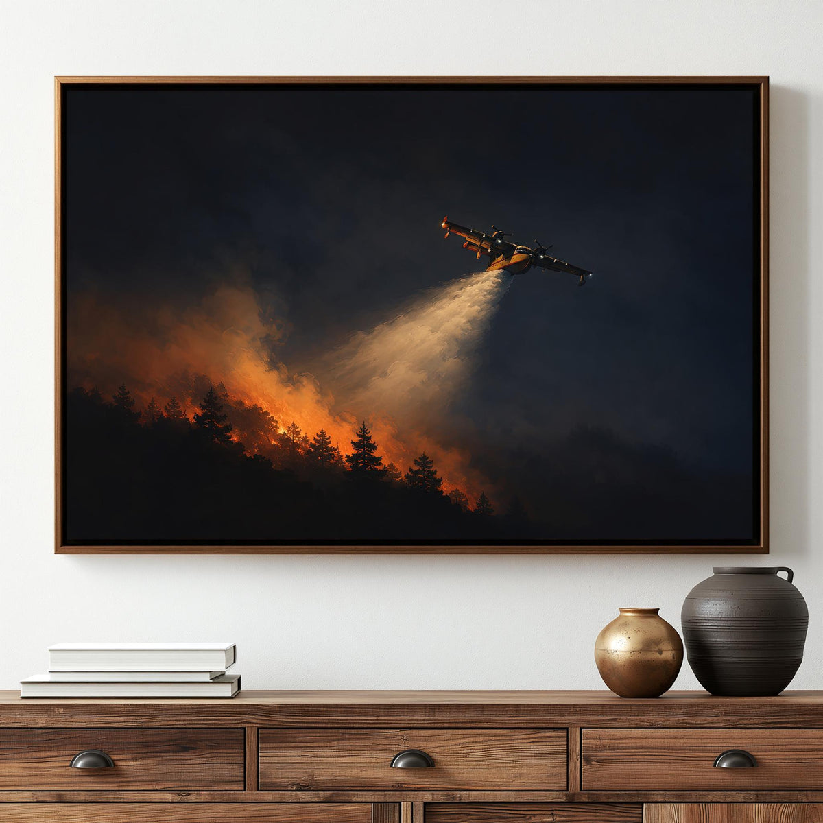 Firefighting air tanker canvas wall art in a room setting