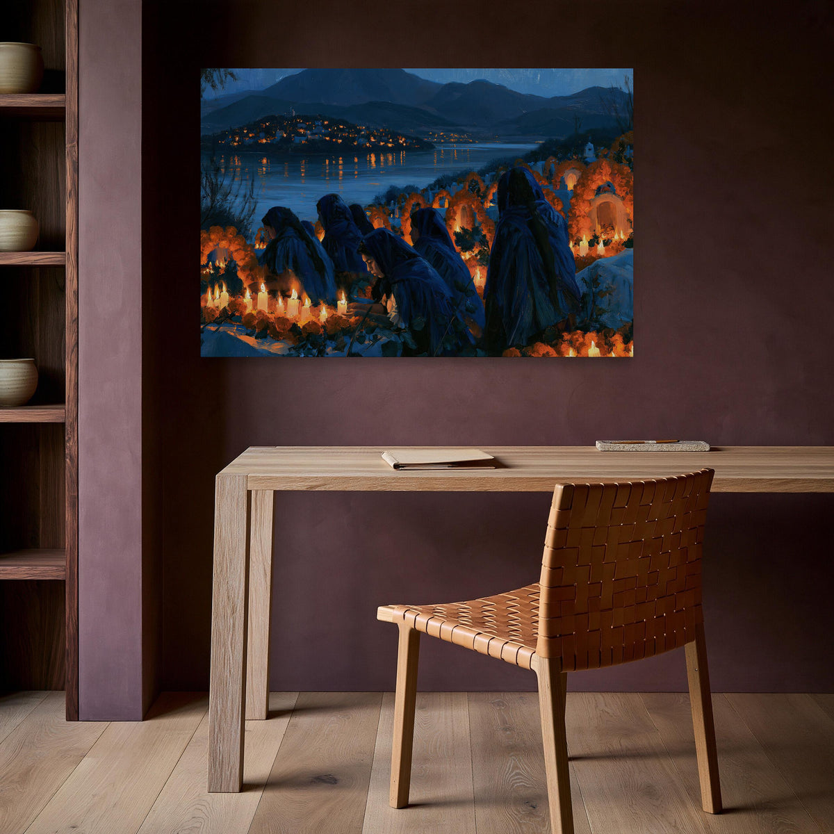 Day of the Dead candlelit vigil canvas wall art, large painting of a serene landscape with a lake and mountains, illuminated