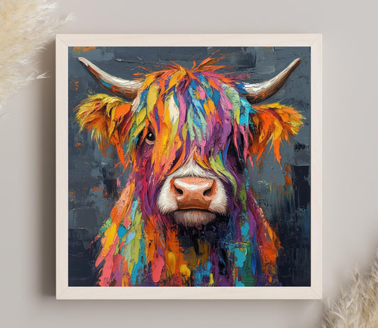 A vibrant, colorful painting of a Highland cow's face, with its distinctive horns and mane rendered in a variety of bright, vivid colors.