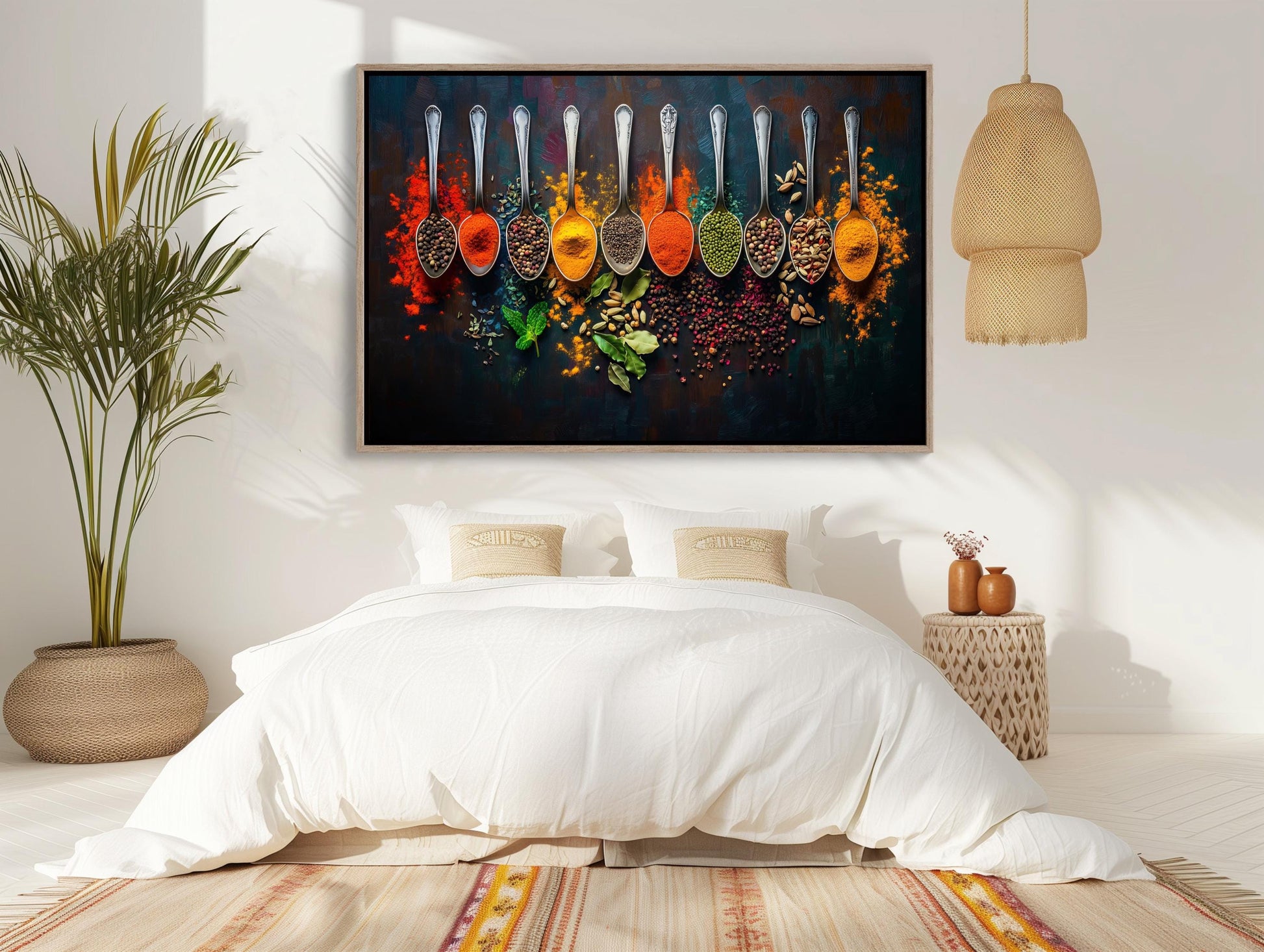 Spices and Spoon canvas wall art shown in a bedroom