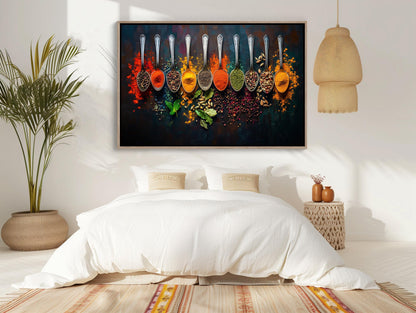 Spices and Spoon canvas wall art shown in a bedroom