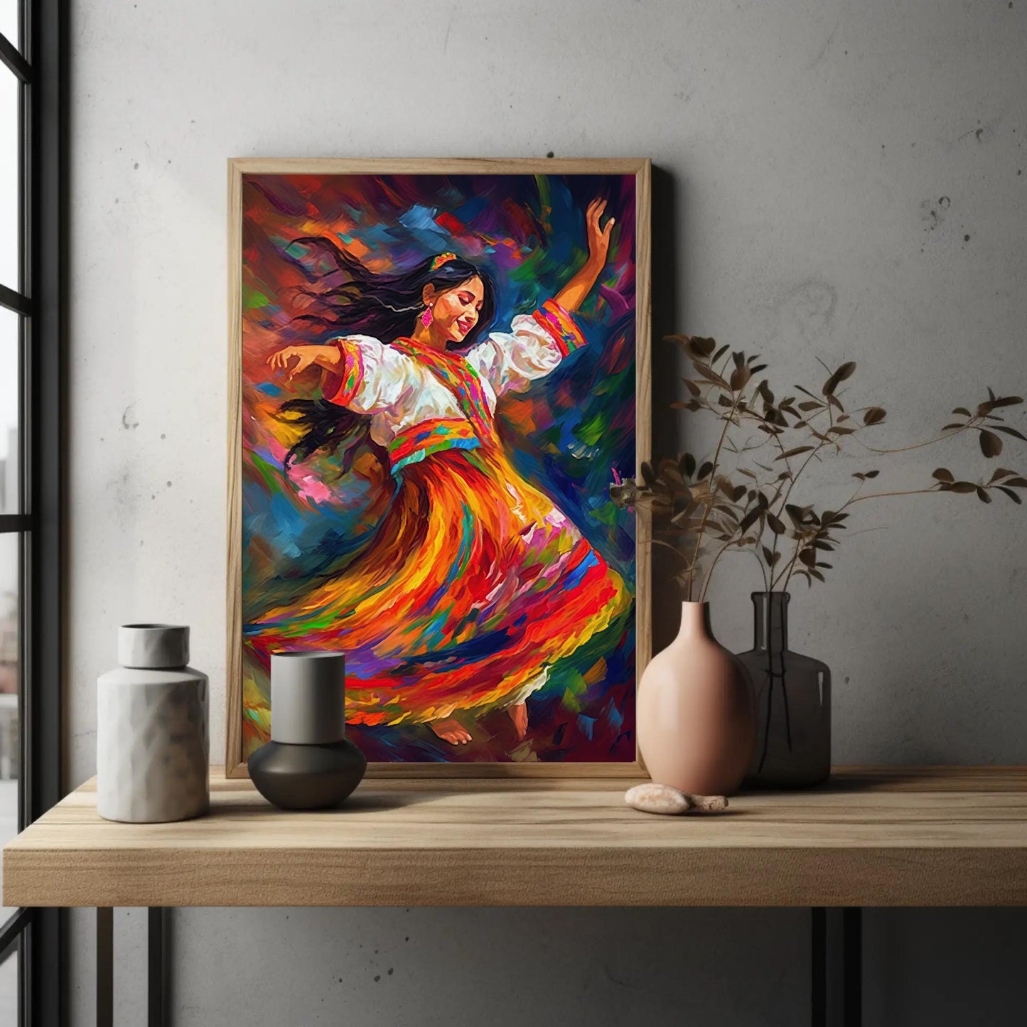 Peruvian Dancer , Andean Folk Art Wall canvas wall art shown in a styled room