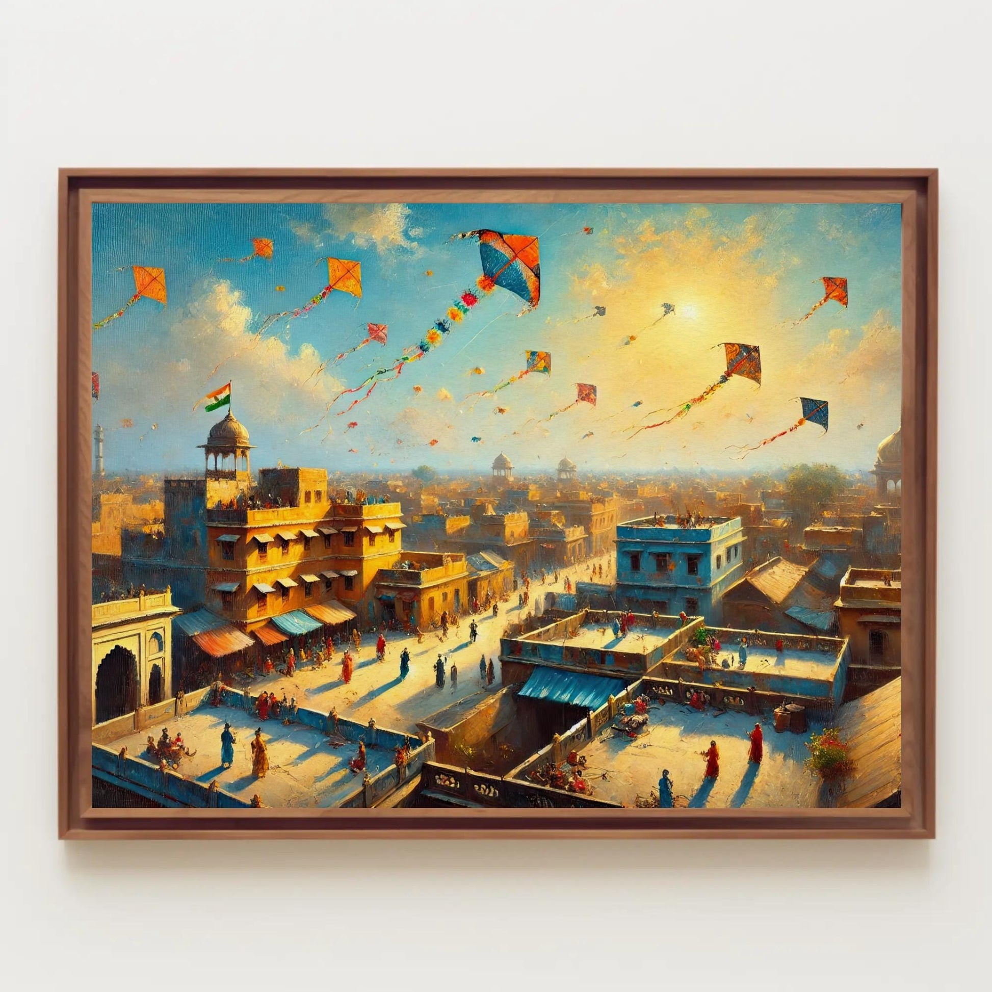 a painting of a city with kites flying in the sky