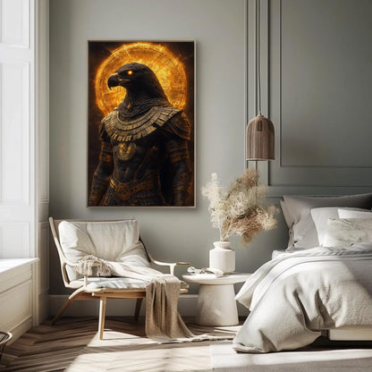 Horus canvas wall art shown in a bedroom