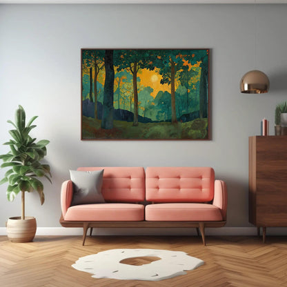 Sacred Grove canvas wall art shown in a living room
