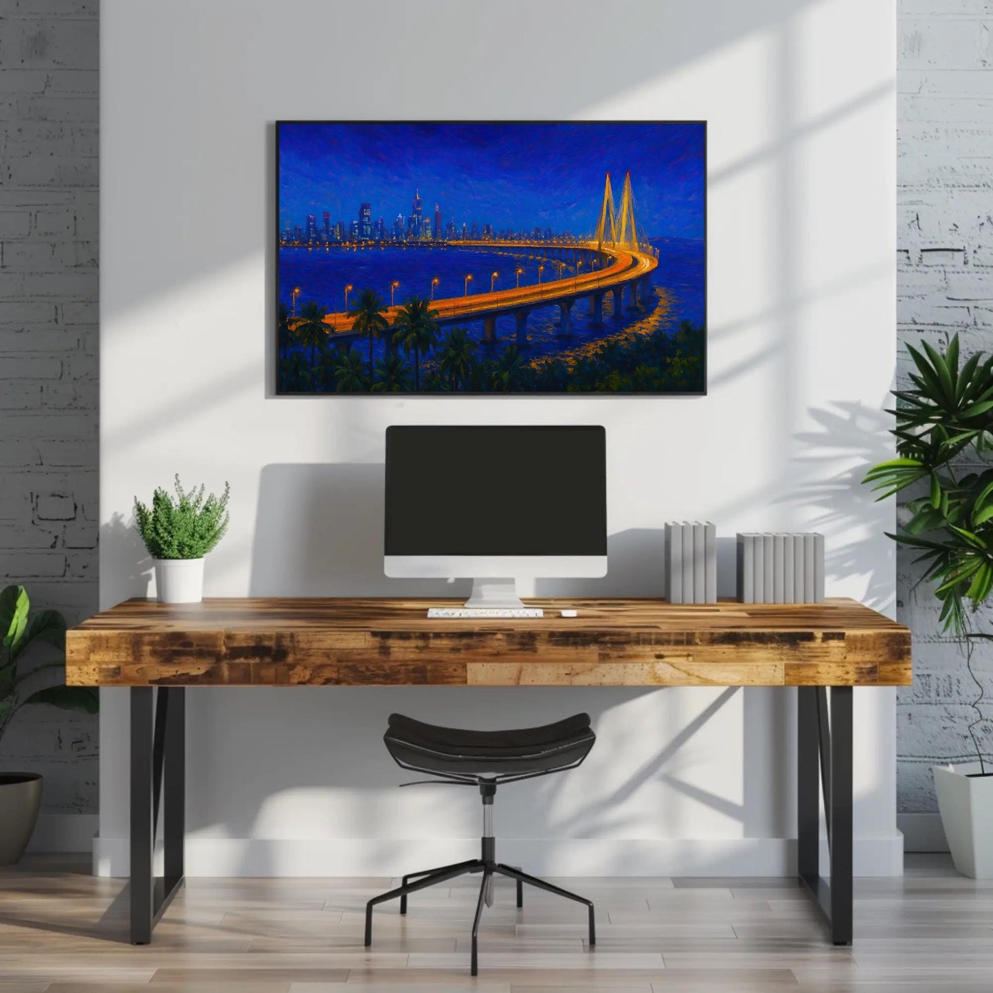 Mumbai Skyline canvas wall art shown above a desk