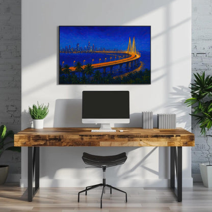 Mumbai Skyline canvas wall art shown above a desk