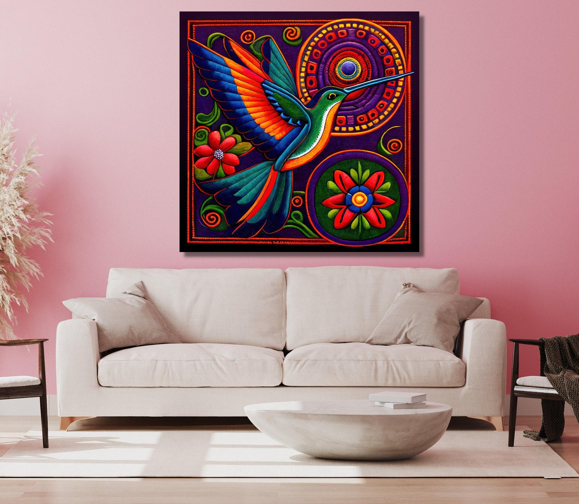 Huichol Hummingbird boho canvas wall art for the home