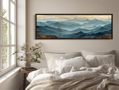 Misty Mountain , Japandi Panoramic Landscape canvas wall art shown in a bedroom