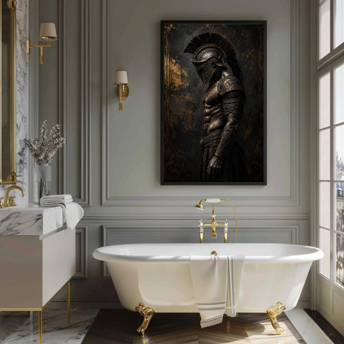 Spartan Hoplite canvas wall art shown in a bathroom