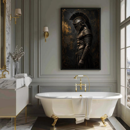 Spartan Hoplite canvas wall art shown in a bathroom