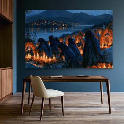 Day of the Dead canvas wall art, women in shawls keeping a candlelit marigold vigil above a lit lakeside town